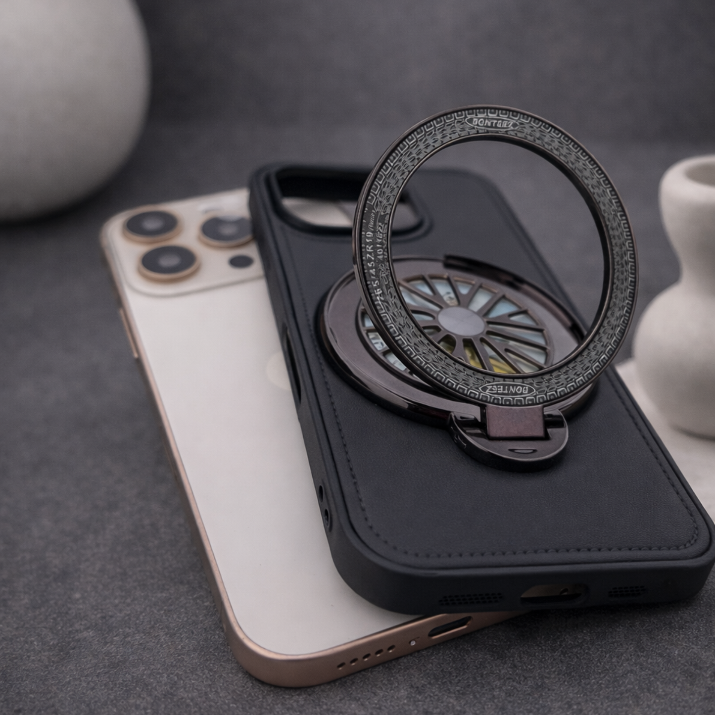 iPhone 16 Pro Premium Leather Rotating Wheel Case