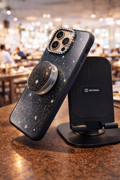 iPhone 16 Pro Galaxy Glitter Holder Case With Charm