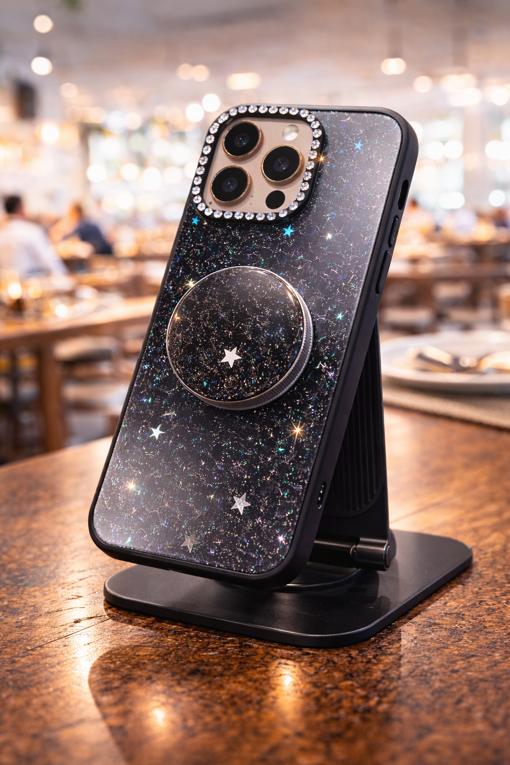 iPhone 16 Pro Galaxy Glitter Holder Case With Charm