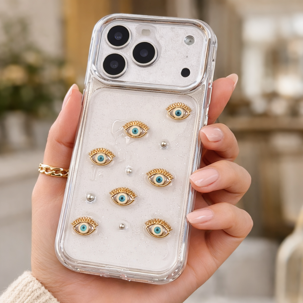 iPhone 17 Pro Evil Eye Glitter Transparent Designer Case
