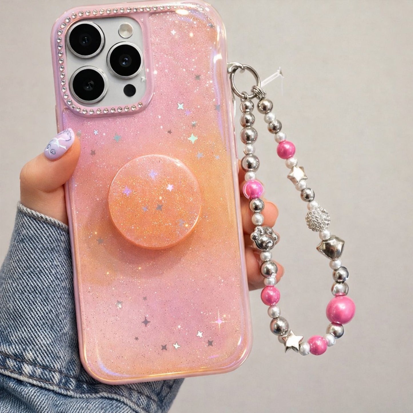 iPhone 16 Pro Galaxy Glitter Holder Case With Charm