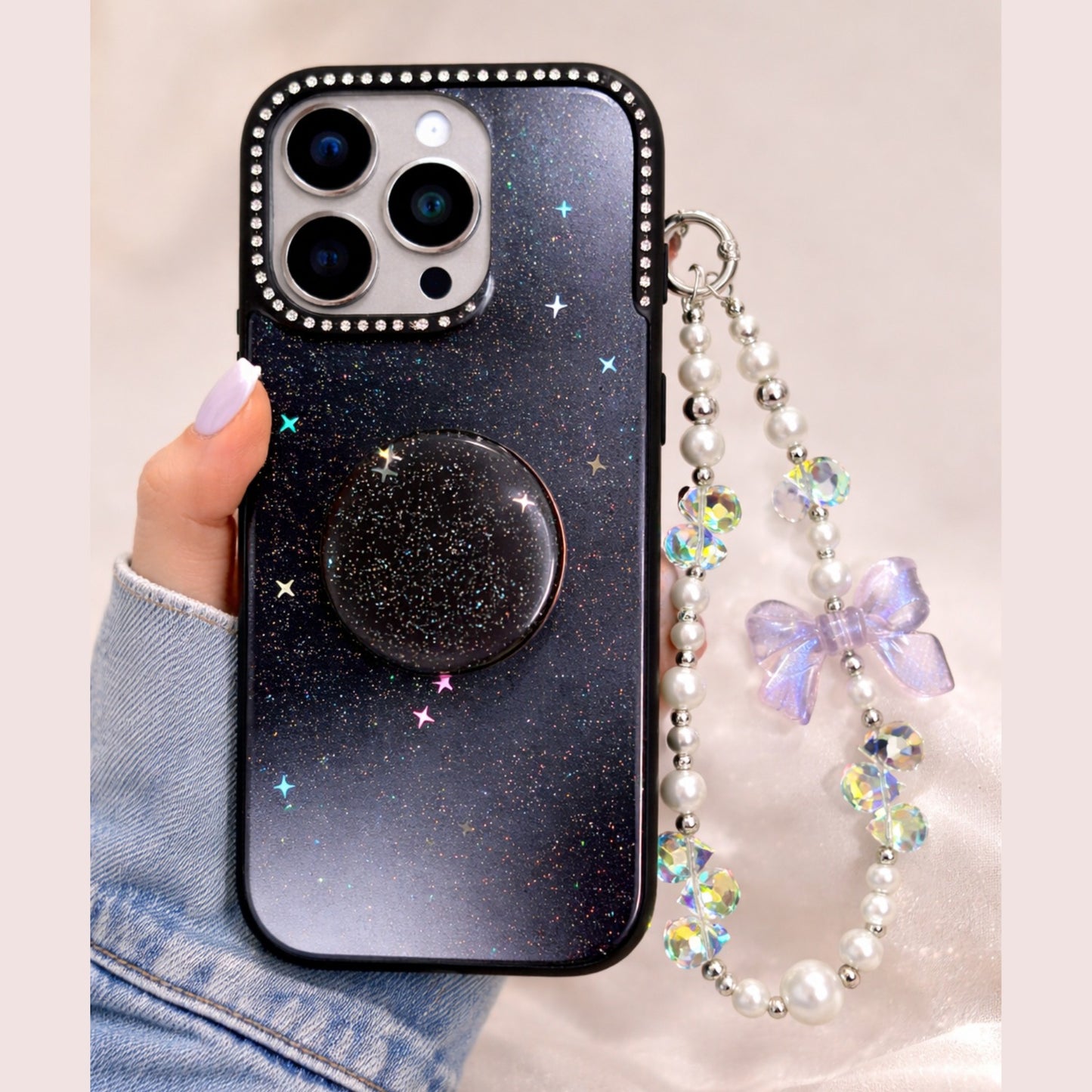 iPhone 16 Pro Galaxy Glitter Holder Case With Charm